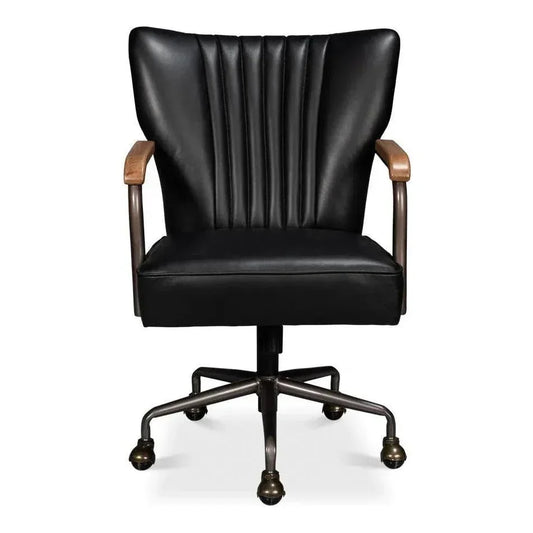 Brooks Metal & Leather Black Swivel Arm Chair-Office Chairs-Sarreid-LOOMLAN