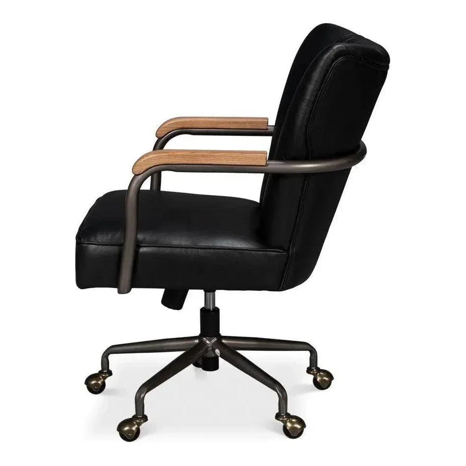 Brooks Metal & Leather Black Swivel Arm Chair-Office Chairs-Sarreid-LOOMLAN