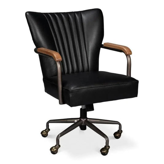 Brooks Metal & Leather Black Swivel Arm Chair-Office Chairs-Sarreid-LOOMLAN