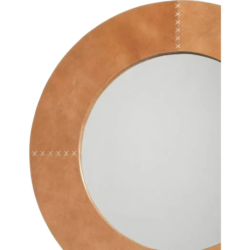 Brown Leather Round Cross Stitch Wall Mirror - LOOMLAN - Jamie Young - Wall Mirrors