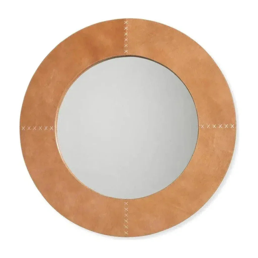 Brown Leather Round Cross Stitch Wall Mirror - LOOMLAN - Jamie Young - Wall Mirrors