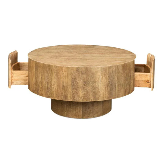 Brutus Barnwood Round Coffee Table Drawers Round Block - LOOMLAN - Sarreid - Coffee Tables