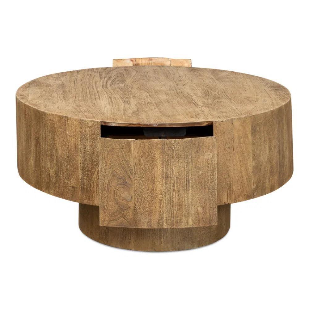 Brutus Barnwood Round Coffee Table Drawers Round Block - LOOMLAN - Sarreid - Coffee Tables