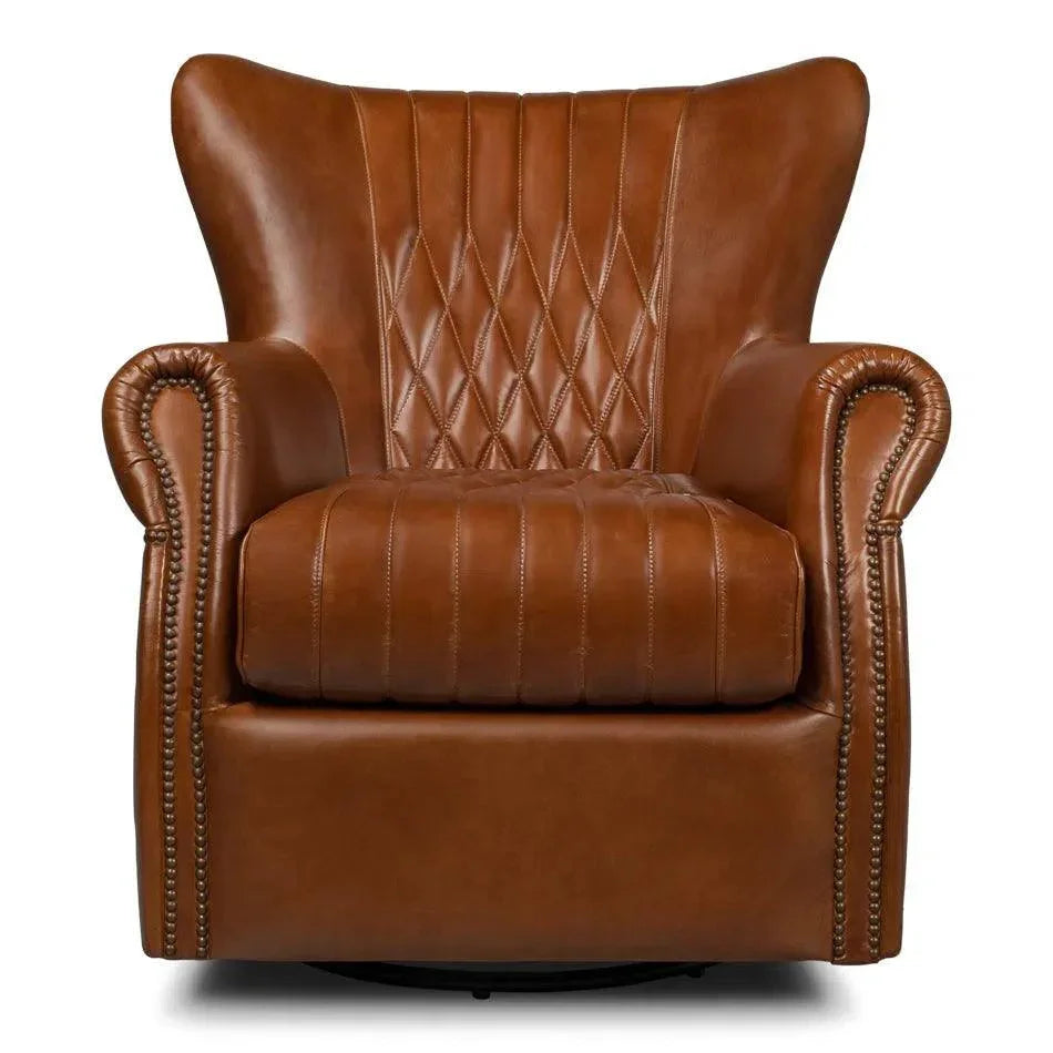 Bugatti Brown Leather Swivel Club Chair - LOOMLAN - Sarreid - Club Chairs