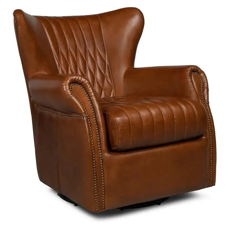 Bugatti Brown Leather Swivel Club Chair - LOOMLAN - Sarreid - Club Chairs