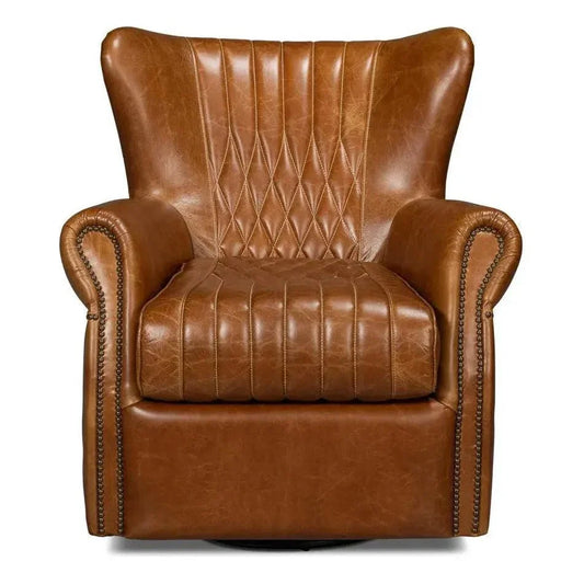 Bugatti Leather Brown Swivel Arm Chair - LOOMLAN - Sarreid - Club Chairs
