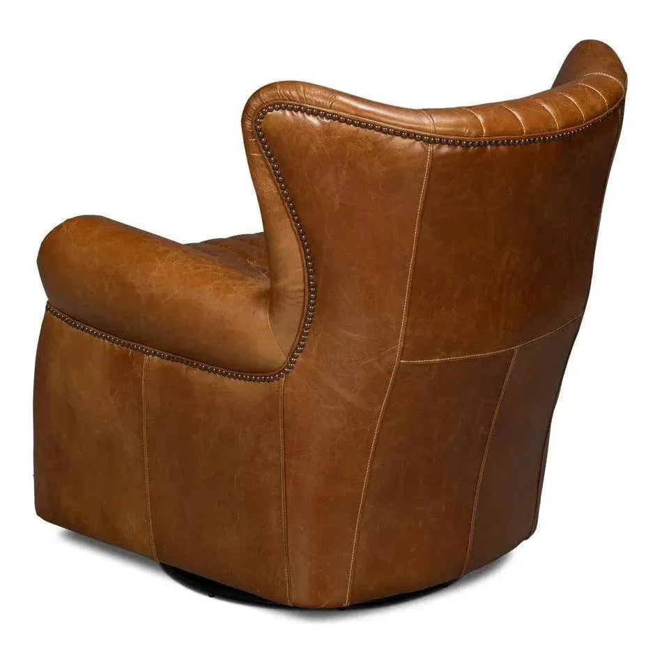 Bugatti Leather Brown Swivel Arm Chair - LOOMLAN - Sarreid - Club Chairs