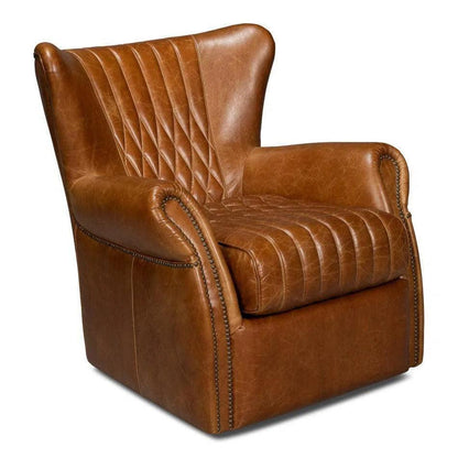 Bugatti Leather Brown Swivel Arm Chair - LOOMLAN - Sarreid - Club Chairs