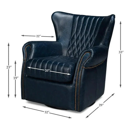 Bugatti Wood & Leather Blue Swivel Arm Chair - LOOMLAN - Sarreid - Club Chairs