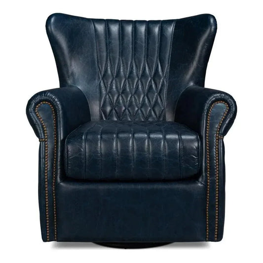 Bugatti Wood & Leather Blue Swivel Arm Chair - LOOMLAN - Sarreid - Club Chairs