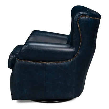 Bugatti Wood & Leather Blue Swivel Arm Chair - LOOMLAN - Sarreid - Club Chairs