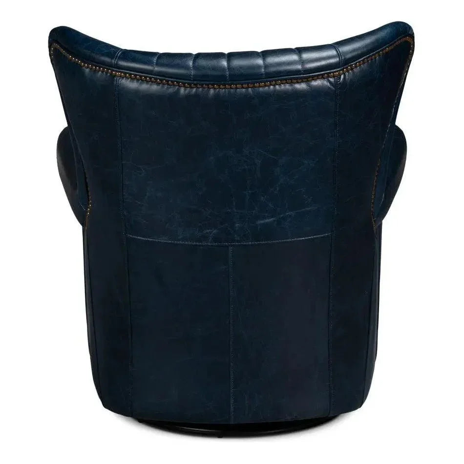 Bugatti Wood & Leather Blue Swivel Arm Chair - LOOMLAN - Sarreid - Club Chairs