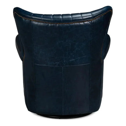 Bugatti Wood & Leather Blue Swivel Arm Chair - LOOMLAN - Sarreid - Club Chairs