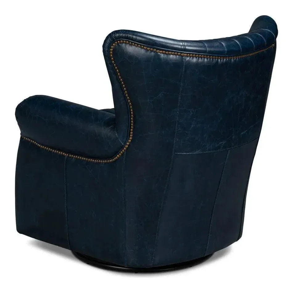 Bugatti Wood & Leather Blue Swivel Arm Chair - LOOMLAN - Sarreid - Club Chairs