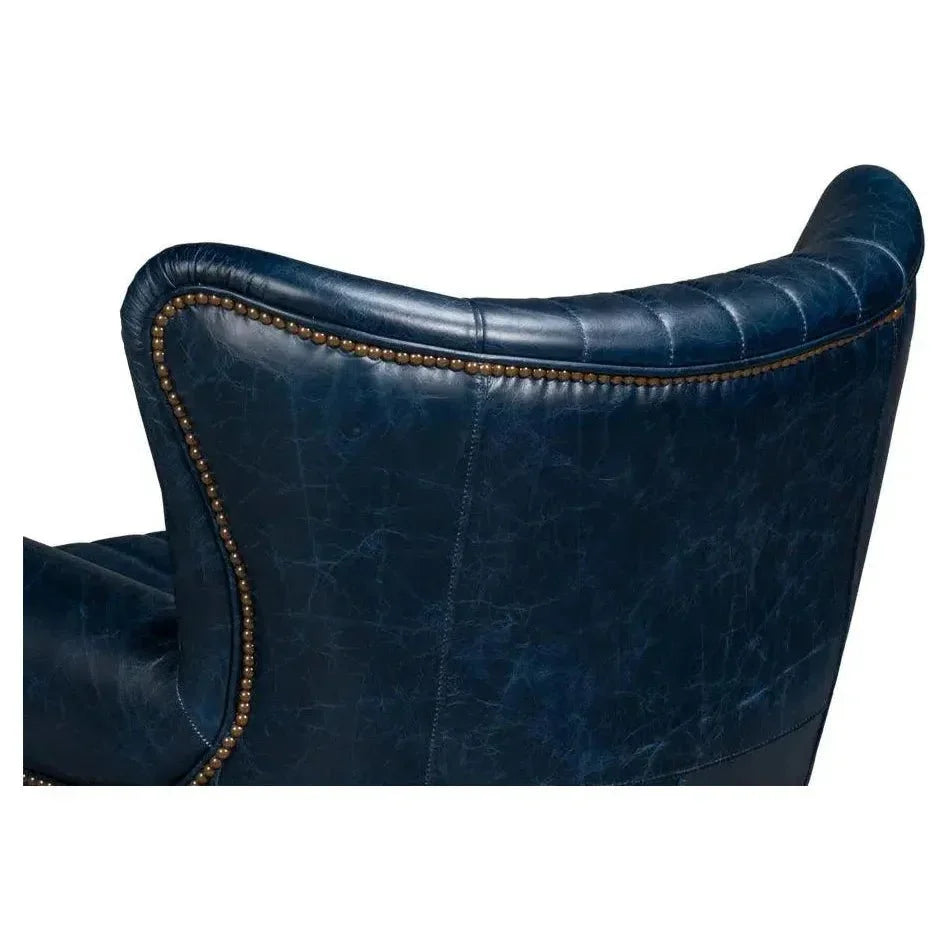 Bugatti Wood & Leather Blue Swivel Arm Chair - LOOMLAN - Sarreid - Club Chairs