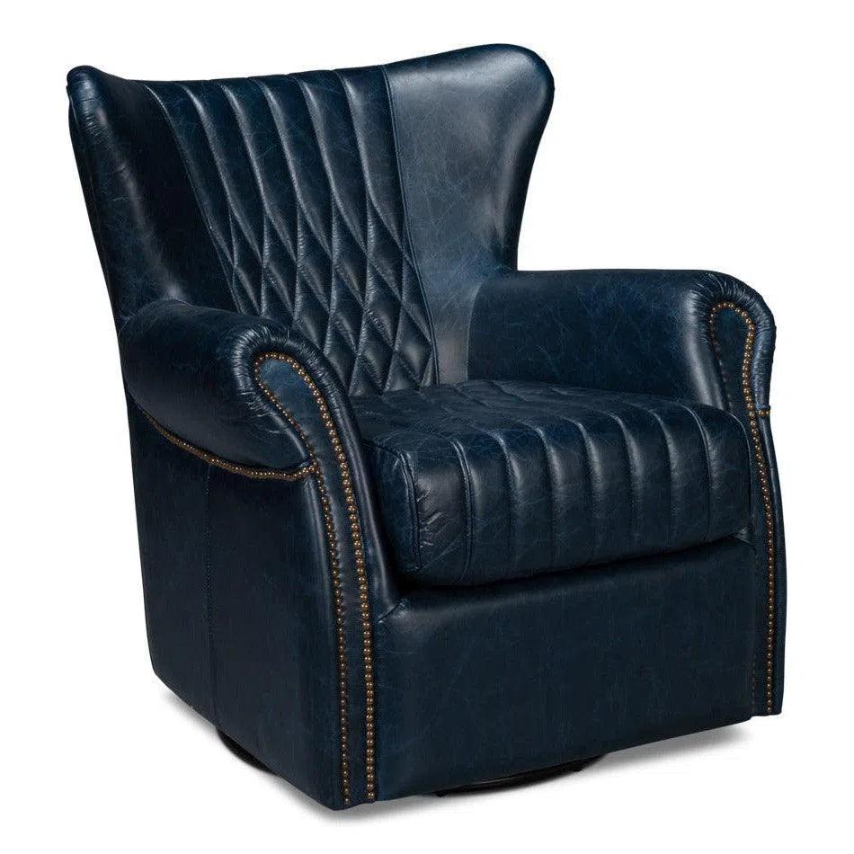 Bugatti Wood & Leather Blue Swivel Arm Chair - LOOMLAN - Sarreid - Club Chairs