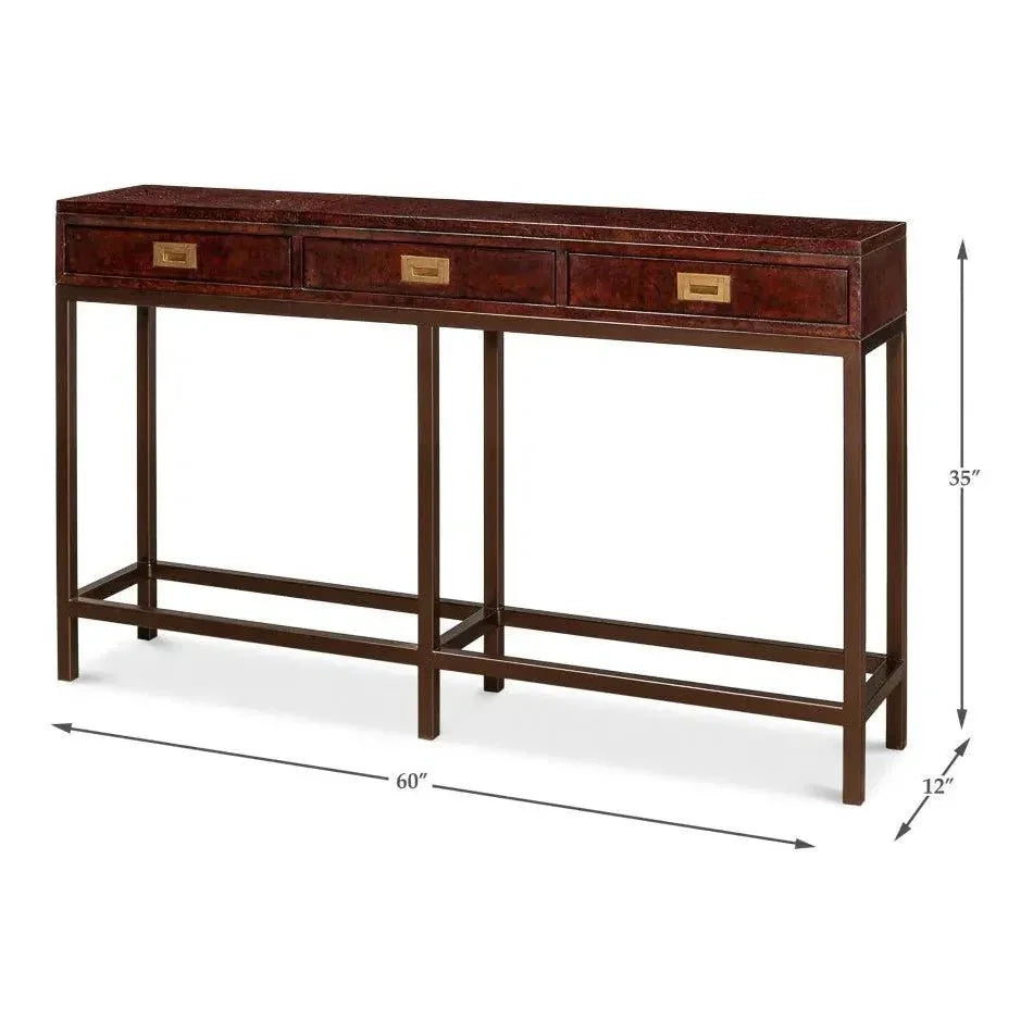 Campaign Embossed Console Table Drawers Brown Leather - LOOMLAN - Sarreid - Console Tables