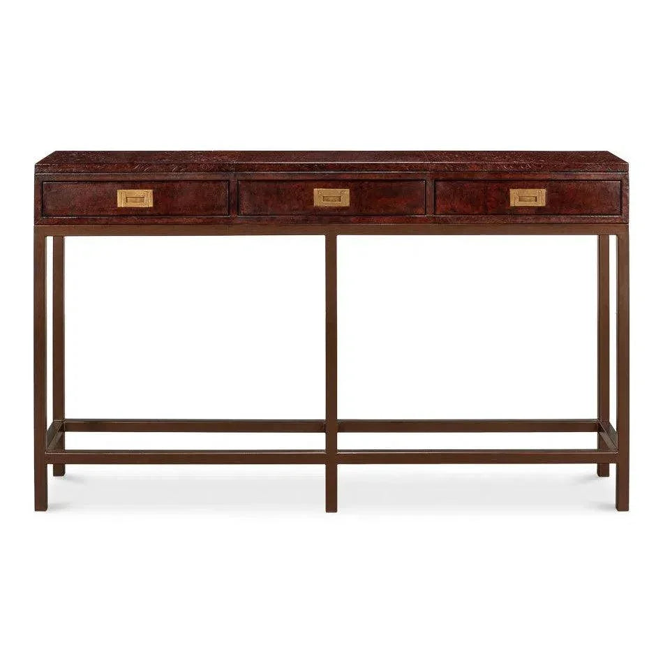 Campaign Embossed Console Table Drawers Brown Leather - LOOMLAN - Sarreid - Console Tables