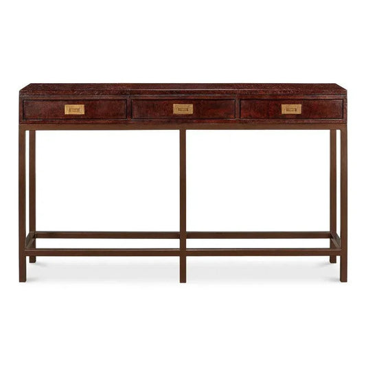 Campaign Embossed Console Table Drawers Brown Leather - LOOMLAN - Sarreid - Console Tables