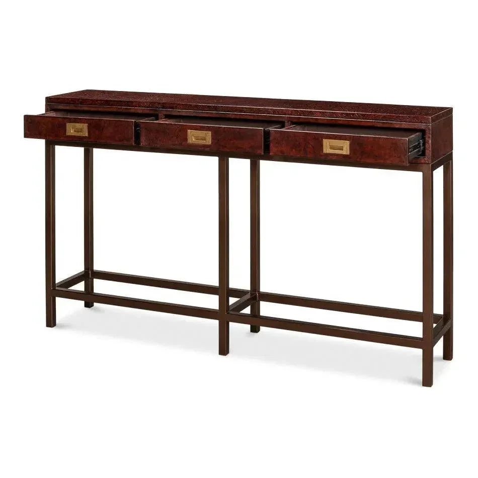 Campaign Embossed Console Table Drawers Brown Leather - LOOMLAN - Sarreid - Console Tables