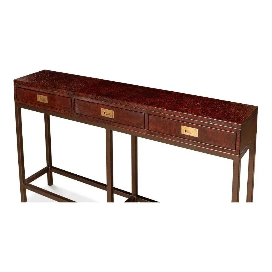 Campaign Embossed Console Table Drawers Brown Leather - LOOMLAN - Sarreid - Console Tables