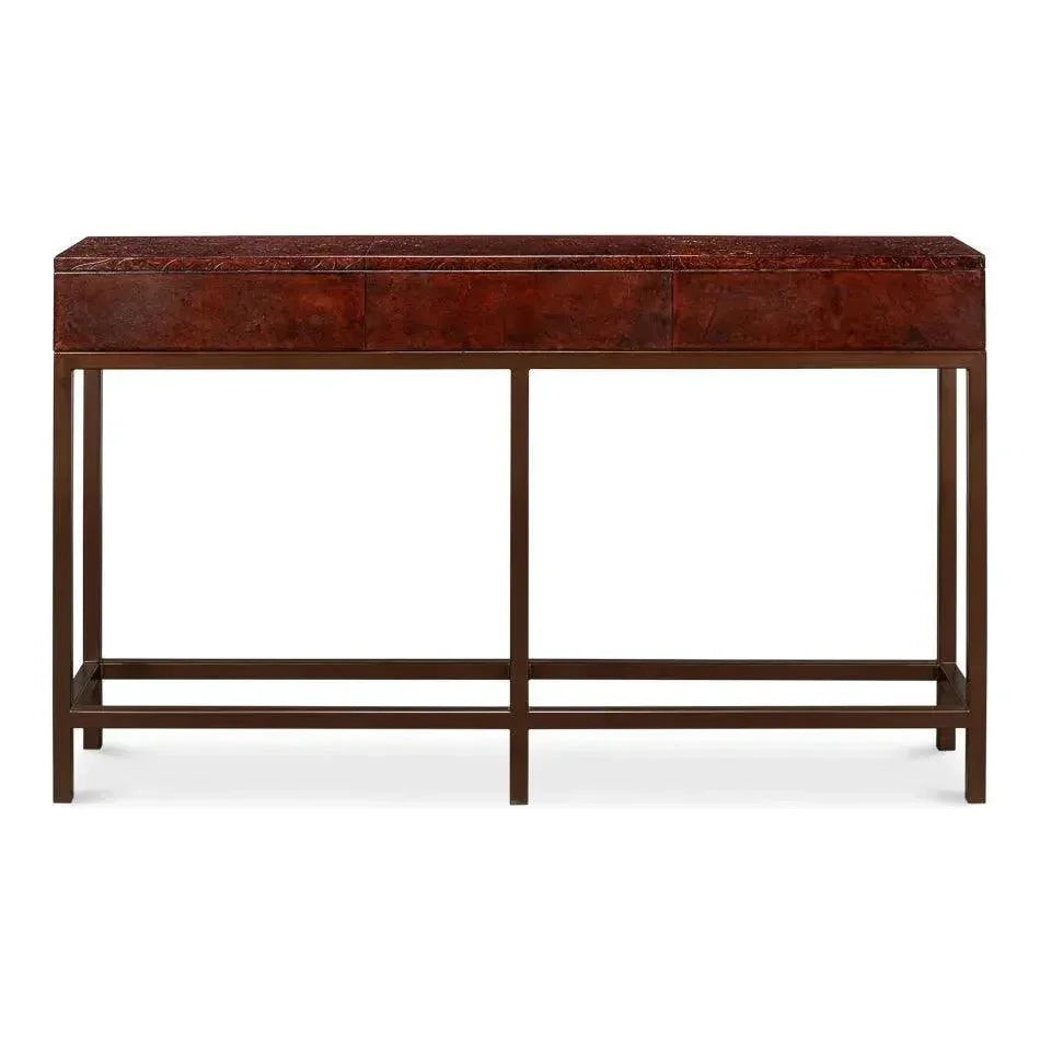 Campaign Embossed Console Table Drawers Brown Leather - LOOMLAN - Sarreid - Console Tables