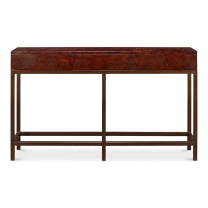 Campaign Embossed Console Table Drawers Brown Leather - LOOMLAN - Sarreid - Console Tables