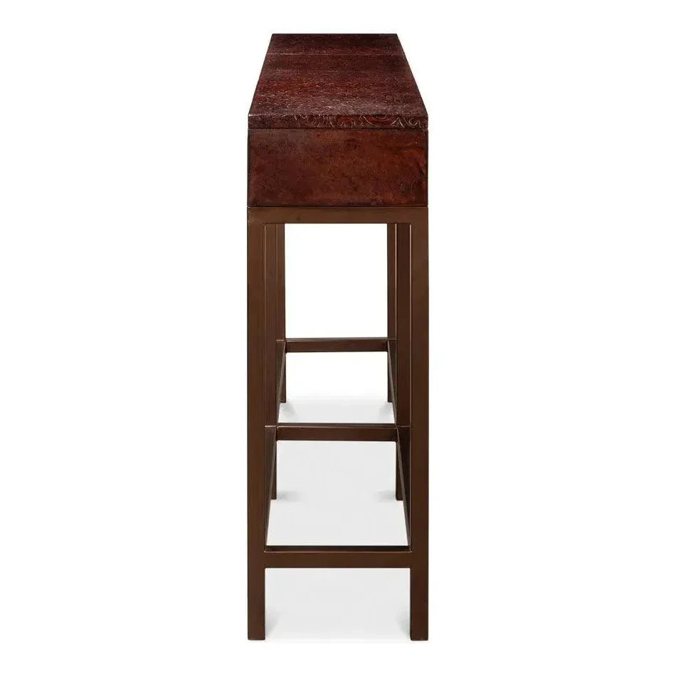 Campaign Embossed Console Table Drawers Brown Leather - LOOMLAN - Sarreid - Console Tables