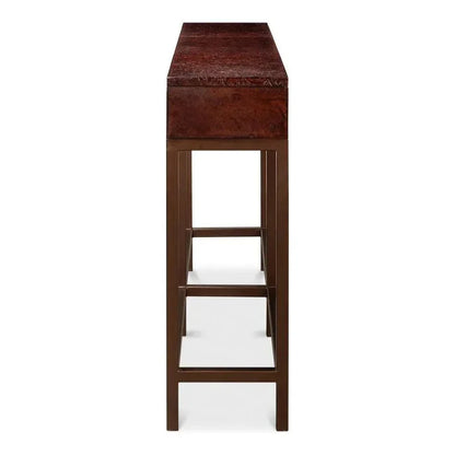 Campaign Embossed Console Table Drawers Brown Leather - LOOMLAN - Sarreid - Console Tables