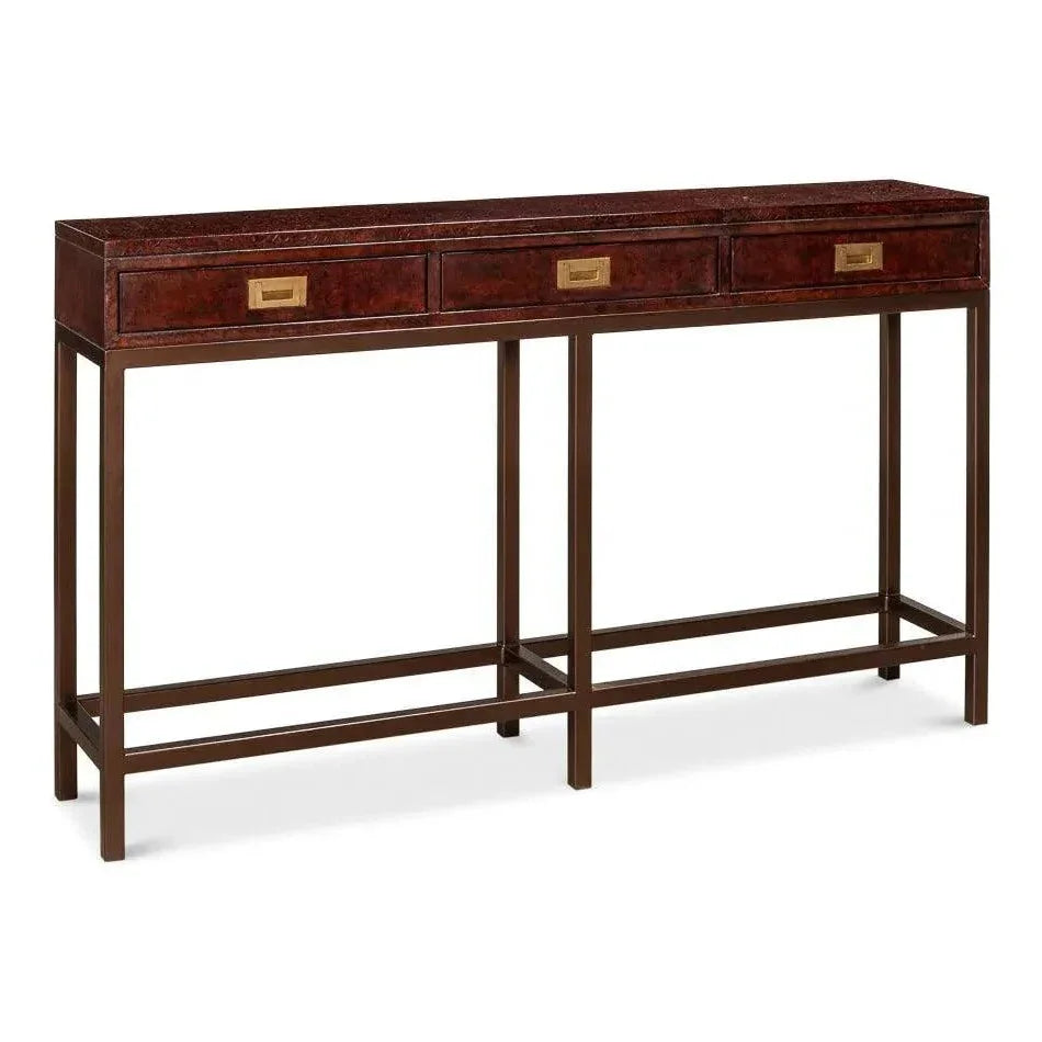 Campaign Embossed Console Table Drawers Brown Leather - LOOMLAN - Sarreid - Console Tables