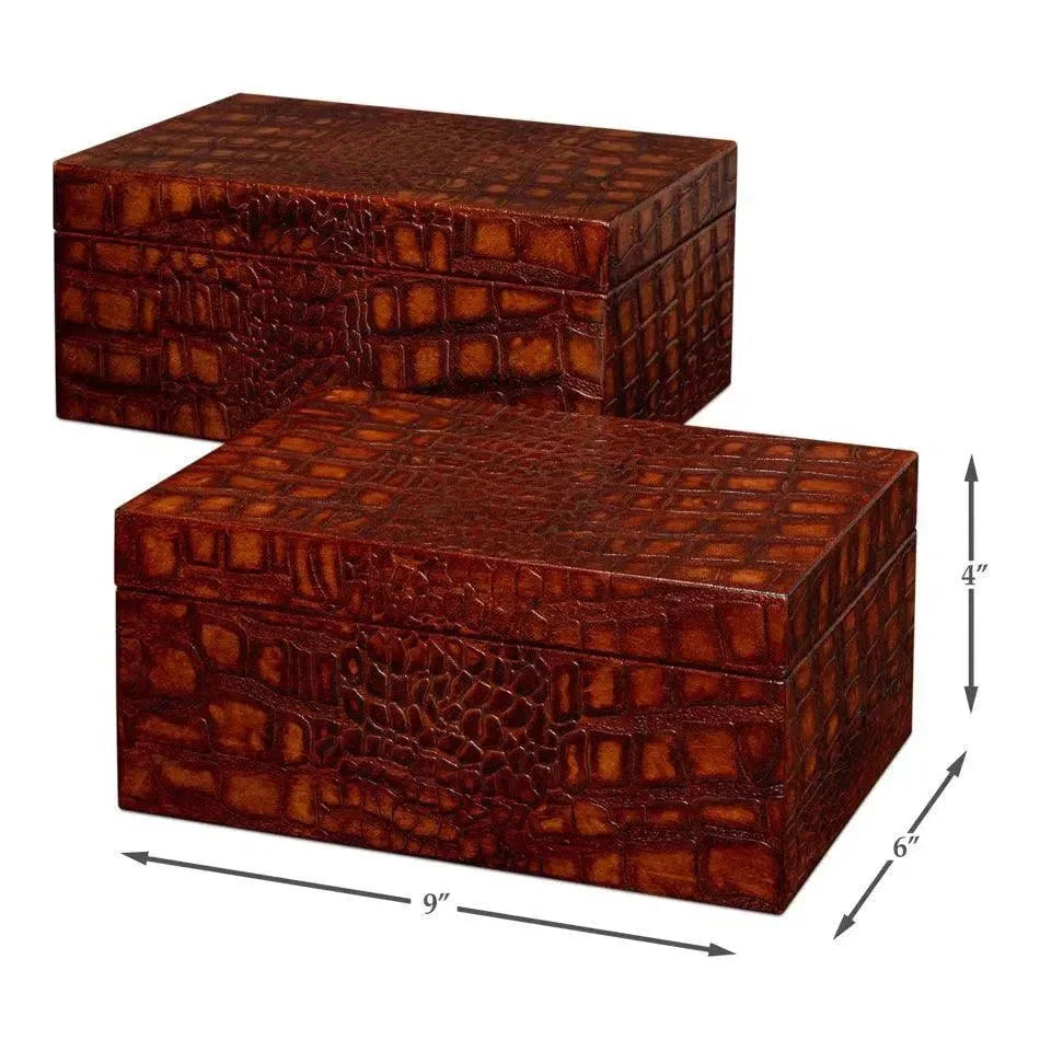 Candece Croco Embossed Leather Brown Box 2PC - LOOMLAN - Sarreid - Boxes & Bowls