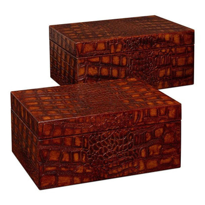 Candece Croco Embossed Leather Brown Box 2PC - LOOMLAN - Sarreid - Boxes & Bowls