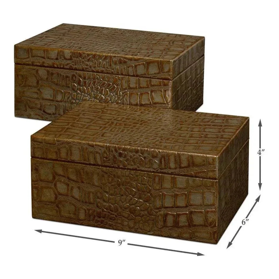 Candece Croco Embossed Leather Green Box 2PC - LOOMLAN - Sarreid - Boxes & Bowls