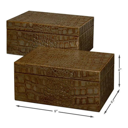 Candece Croco Embossed Leather Green Box 2PC - LOOMLAN - Sarreid - Boxes & Bowls