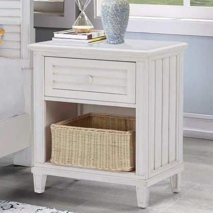 Cane Bay One Drawer White Nightstand with Basket - LOOMLAN - Palmetto Home - Nightstands