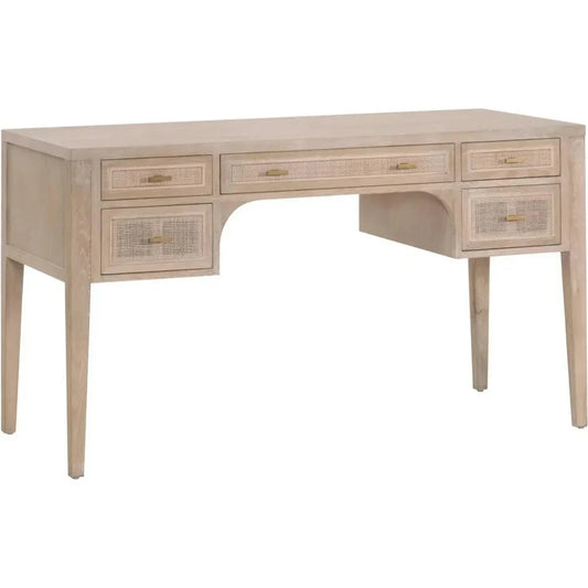 Cane Desk Smoke Gray Oak Wood and Cane-Home Office Desks-Essentials For Living-LOOMLAN