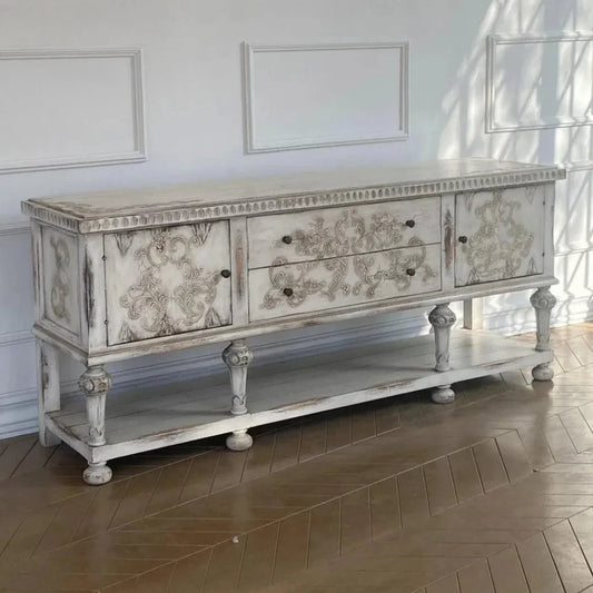Carved Distressed White Buffet Bianca - LOOMLAN - Peninsula Home - Sideboards