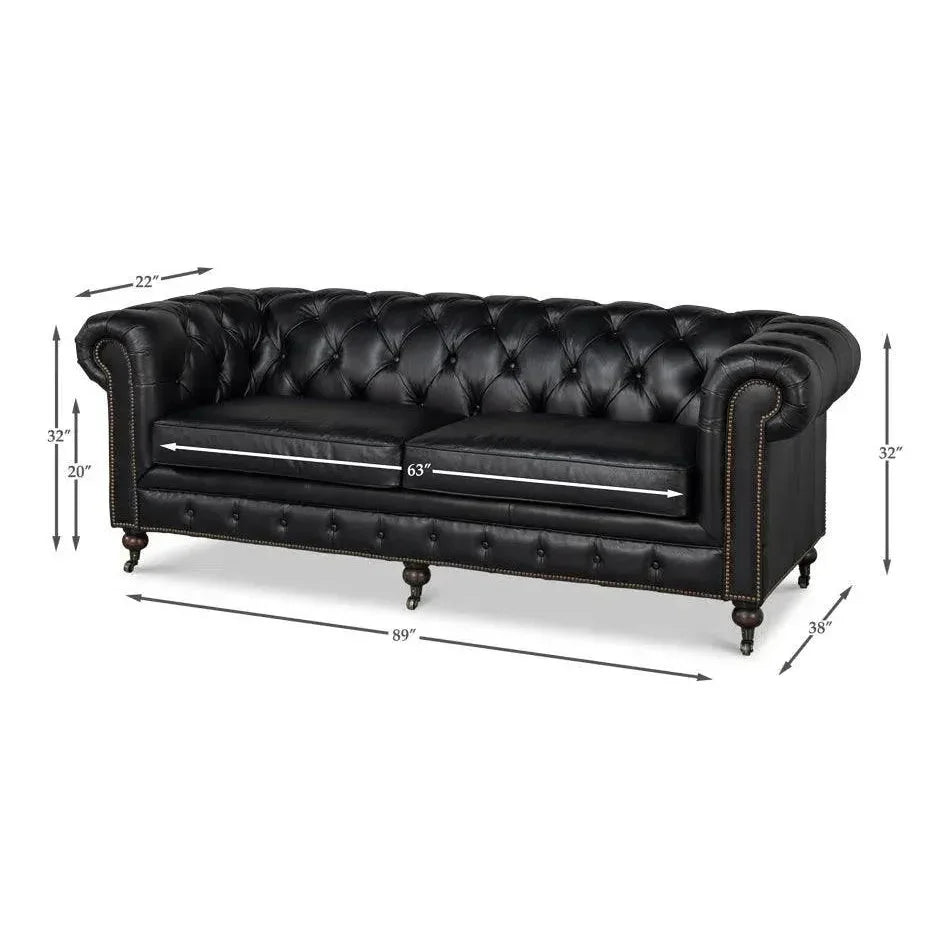 Castered Chesterfield Wood Onyx Black Sofa - LOOMLAN - Sarreid - Sofas & Loveseats