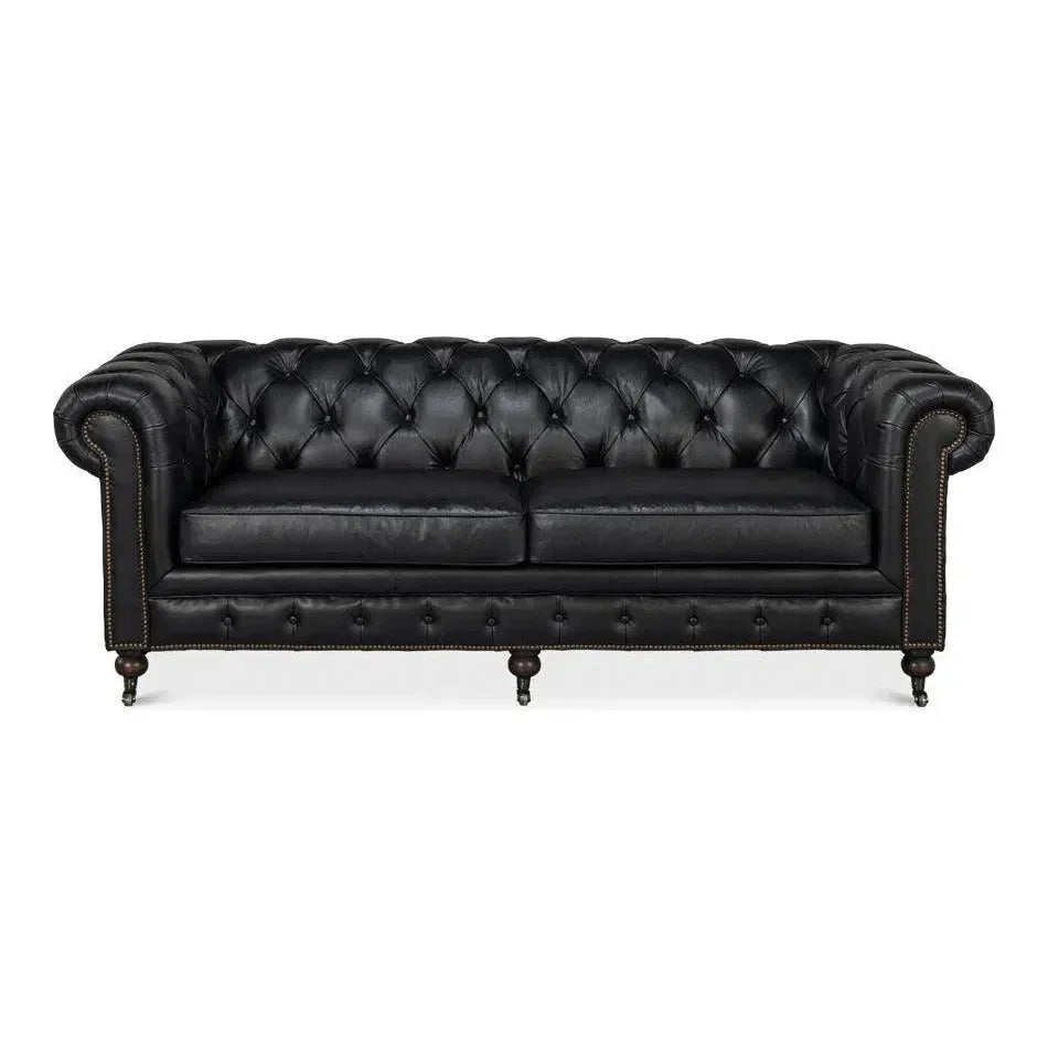Castered Chesterfield Wood Onyx Black Sofa - LOOMLAN - Sarreid - Sofas & Loveseats
