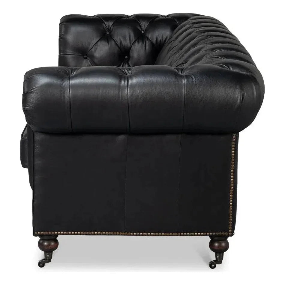 Castered Chesterfield Wood Onyx Black Sofa - LOOMLAN - Sarreid - Sofas & Loveseats
