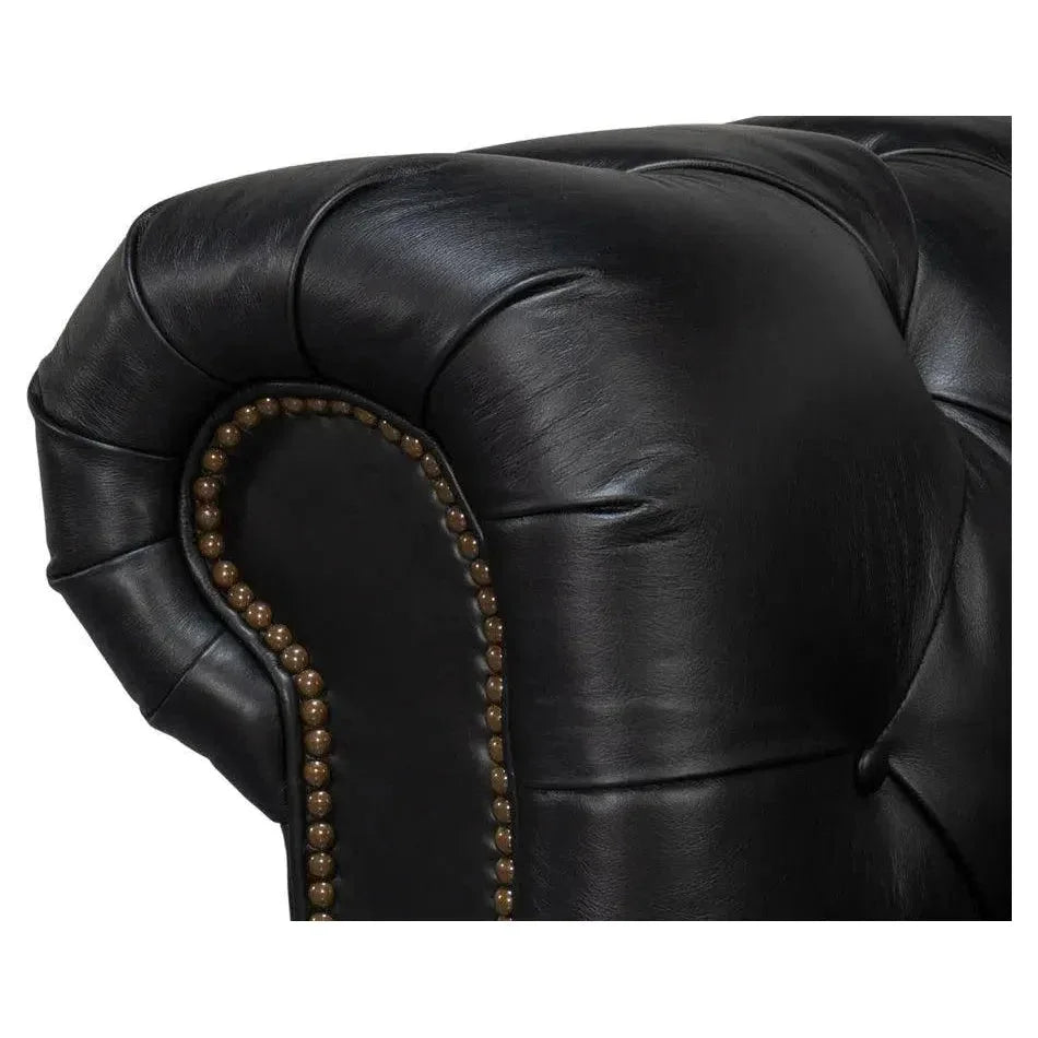 Castered Chesterfield Wood Onyx Black Sofa - LOOMLAN - Sarreid - Sofas & Loveseats