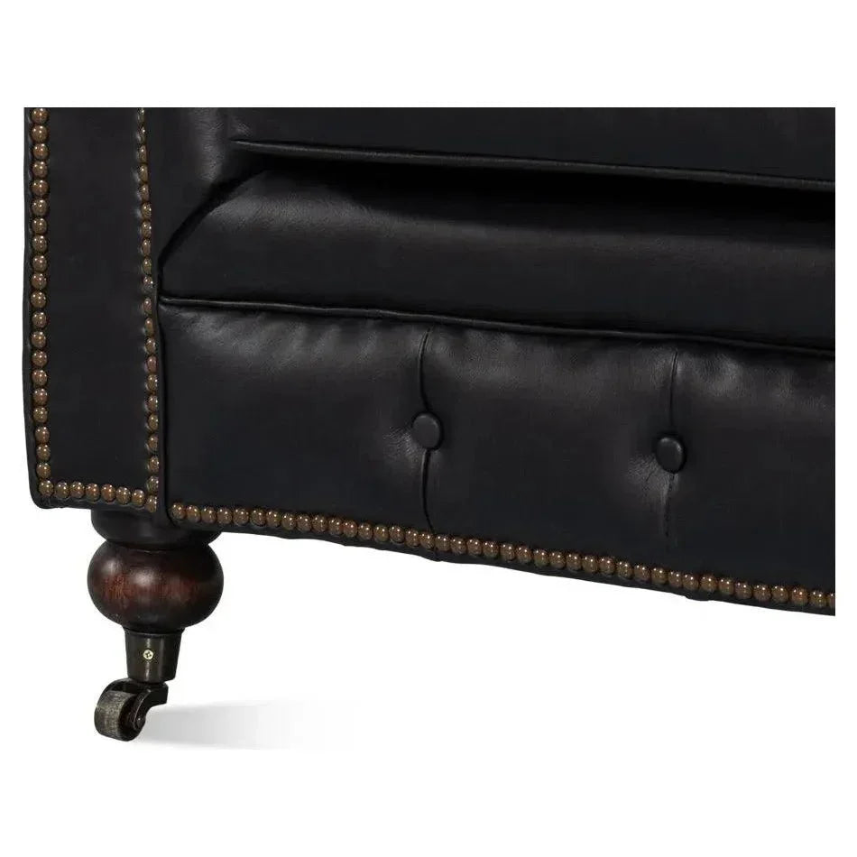Castered Chesterfield Wood Onyx Black Sofa - LOOMLAN - Sarreid - Sofas & Loveseats