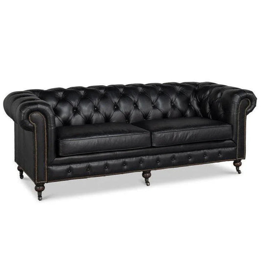 Castered Chesterfield Wood Onyx Black Sofa - LOOMLAN - Sarreid - Sofas & Loveseats