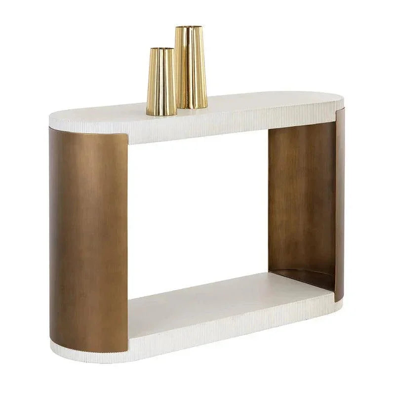 Cavette Console Table White Concrete Brass Steel-Outdoor Console Tables-SUNPAN-LOOMLAN