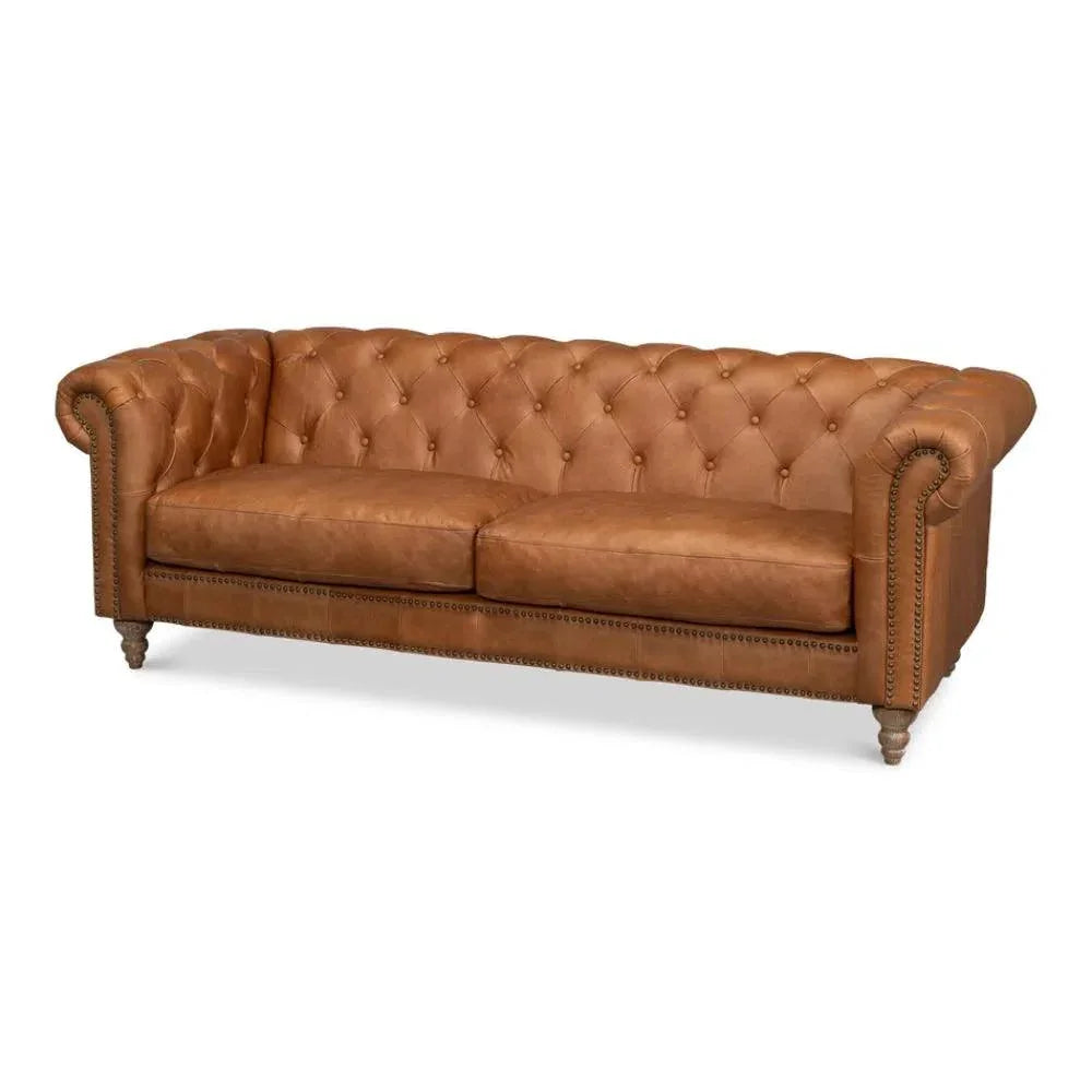 Chesterfield Kingston Sofa Tan Leather 2 Cushions - LOOMLAN - Sarreid - Sofas & Loveseats