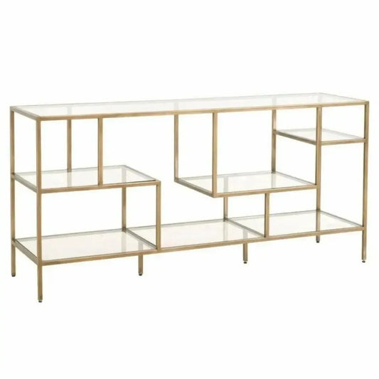 Clear Glass Gold Brass Frame Low and Wide Etagere - LOOMLAN - Essentials For Living - Etageres