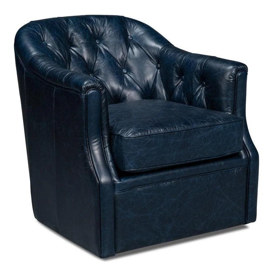 Coolidge Leather Blue Swivel Arm Chair - LOOMLAN - Sarreid - Club Chairs