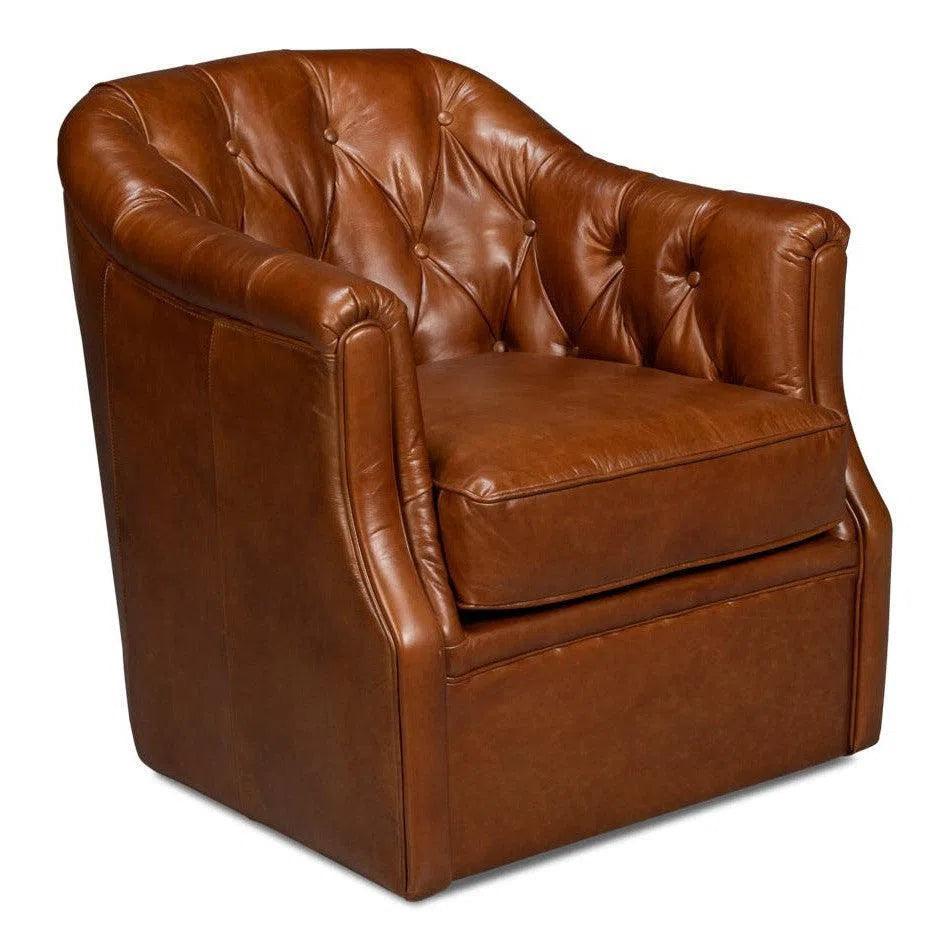 Coolidge Leather Brown Swivel Arm Chair - LOOMLAN - Sarreid - Club Chairs
