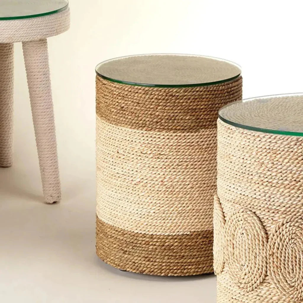 Corn Straw & Tempered Glass Side Table - LOOMLAN - Jamie Young - Side Tables