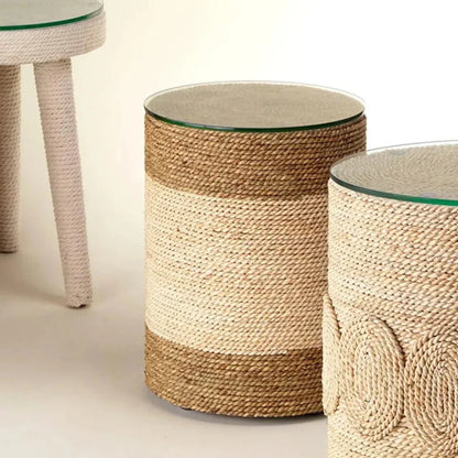 Corn Straw & Tempered Glass Side Table - LOOMLAN - Jamie Young - Side Tables